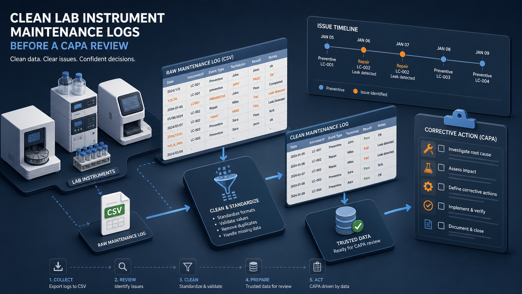 Clean Laboratory Instrument Maintenance Log CSV Files Before a CAPA Review